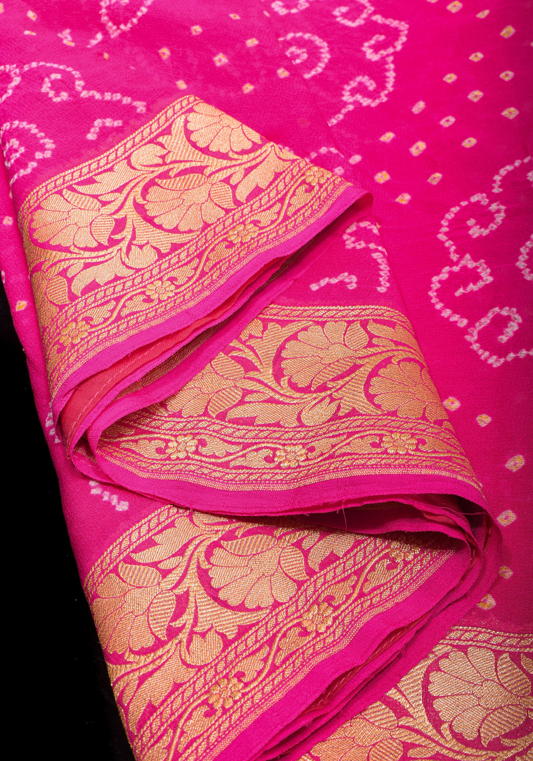 Lotus Pink Authentic Sarkam Bandhej Silk Georgette Saree with Zari Border | SILK MARK CERTIFIED