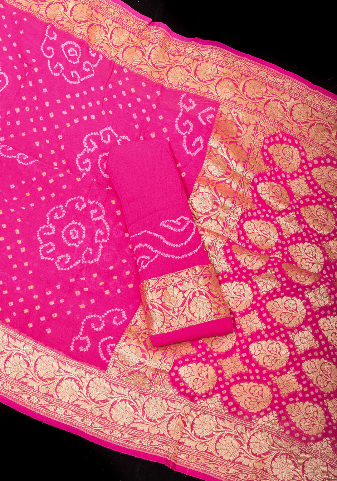 Lotus Pink Authentic Sarkam Bandhej Silk Georgette Saree with Zari Border | SILK MARK CERTIFIED