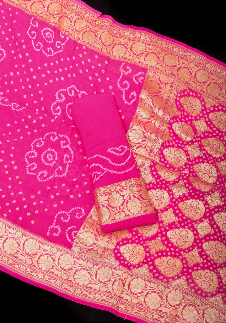Lotus Pink Authentic Sarkam Bandhej Silk Georgette Saree with Zari Border | SILK MARK CERTIFIED