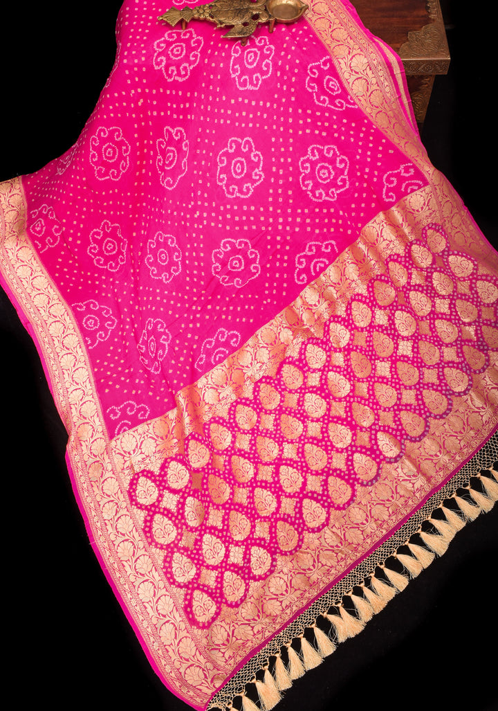 Lotus Pink Authentic Sarkam Bandhej Silk Georgette Saree with Zari Border | SILK MARK CERTIFIED