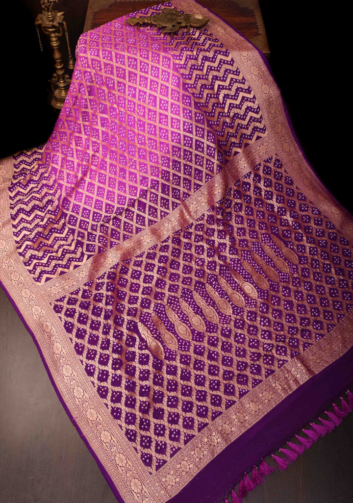 Purple Gelato Ombre Authentic Hand Bandhej Banarasi Silk Georgette Saree in zari jaal pattern| SILK MARKED CERTIFIED
