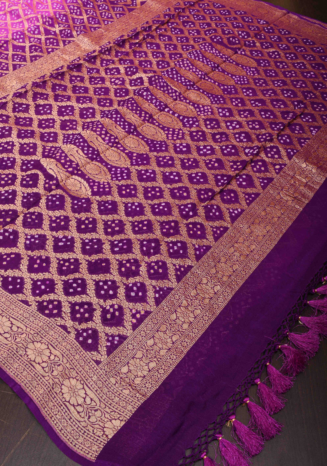 Purple Gelato Ombre Authentic Hand Bandhej Banarasi Silk Georgette Saree in zari jaal pattern| SILK MARKED CERTIFIED