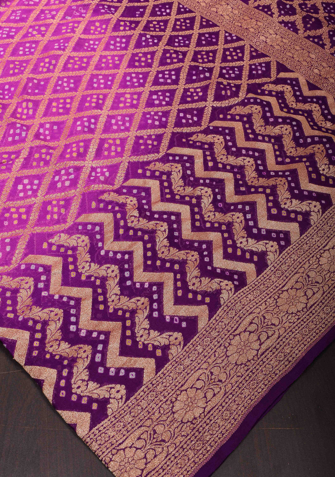 Purple Gelato Ombre Authentic Hand Bandhej Banarasi Silk Georgette Saree in zari jaal pattern| SILK MARKED CERTIFIED