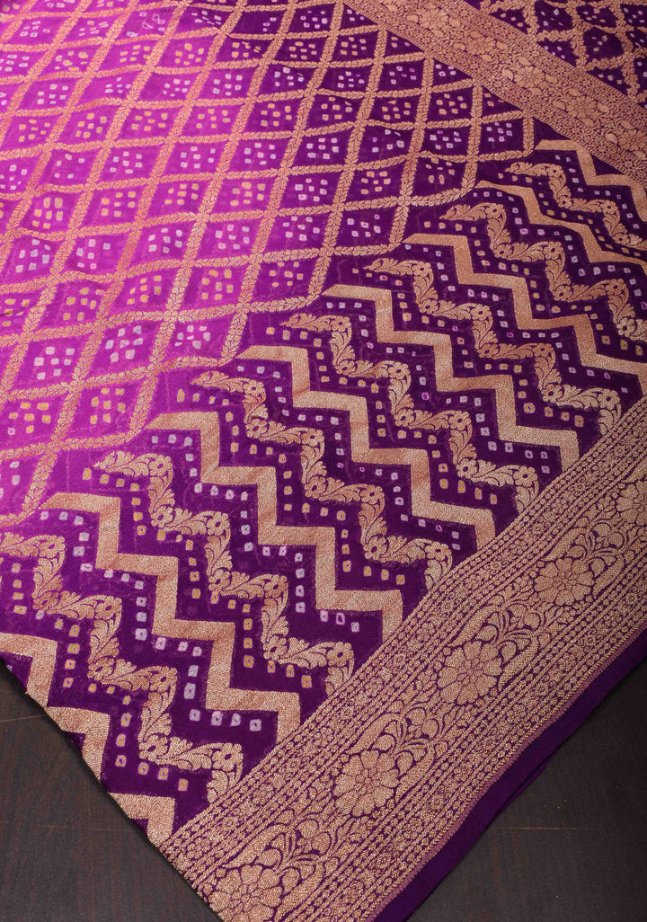 Purple Gelato Ombre Authentic Hand Bandhej Banarasi Silk Georgette Saree in zari jaal pattern| SILK MARKED CERTIFIED