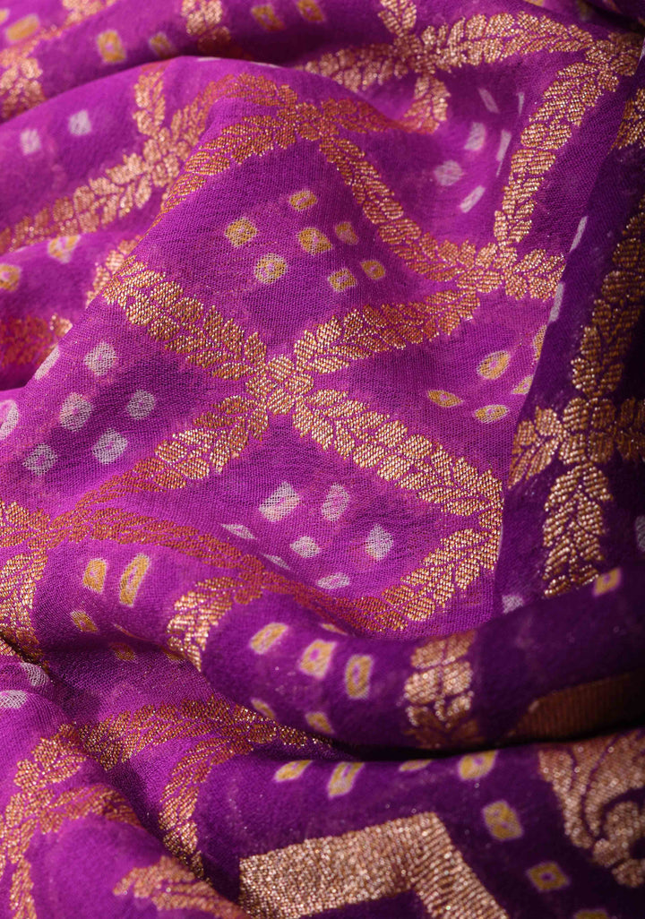Purple Gelato Ombre Authentic Hand Bandhej Banarasi Silk Georgette Saree in zari jaal pattern| SILK MARKED CERTIFIED