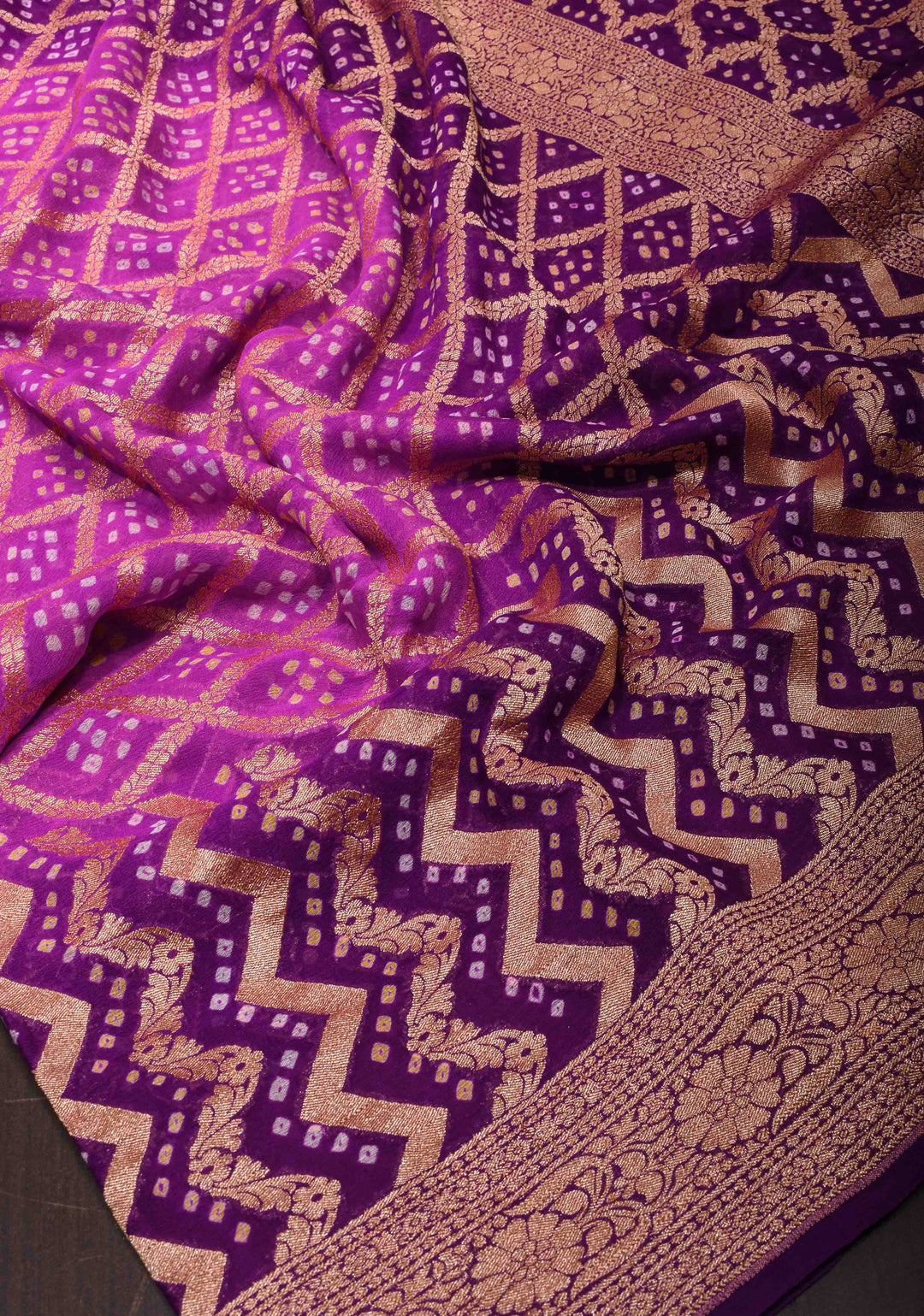 Purple Gelato Ombre Authentic Hand Bandhej Banarasi Silk Georgette Saree in zari jaal pattern| SILK MARKED CERTIFIED