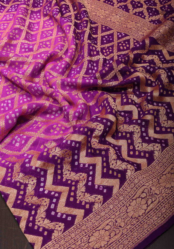 Purple Gelato Ombre Authentic Hand Bandhej Banarasi Silk Georgette Saree in zari jaal pattern| SILK MARKED CERTIFIED