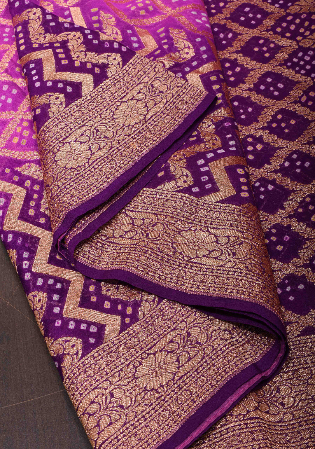 Purple Gelato Ombre Authentic Hand Bandhej Banarasi Silk Georgette Saree in zari jaal pattern| SILK MARKED CERTIFIED