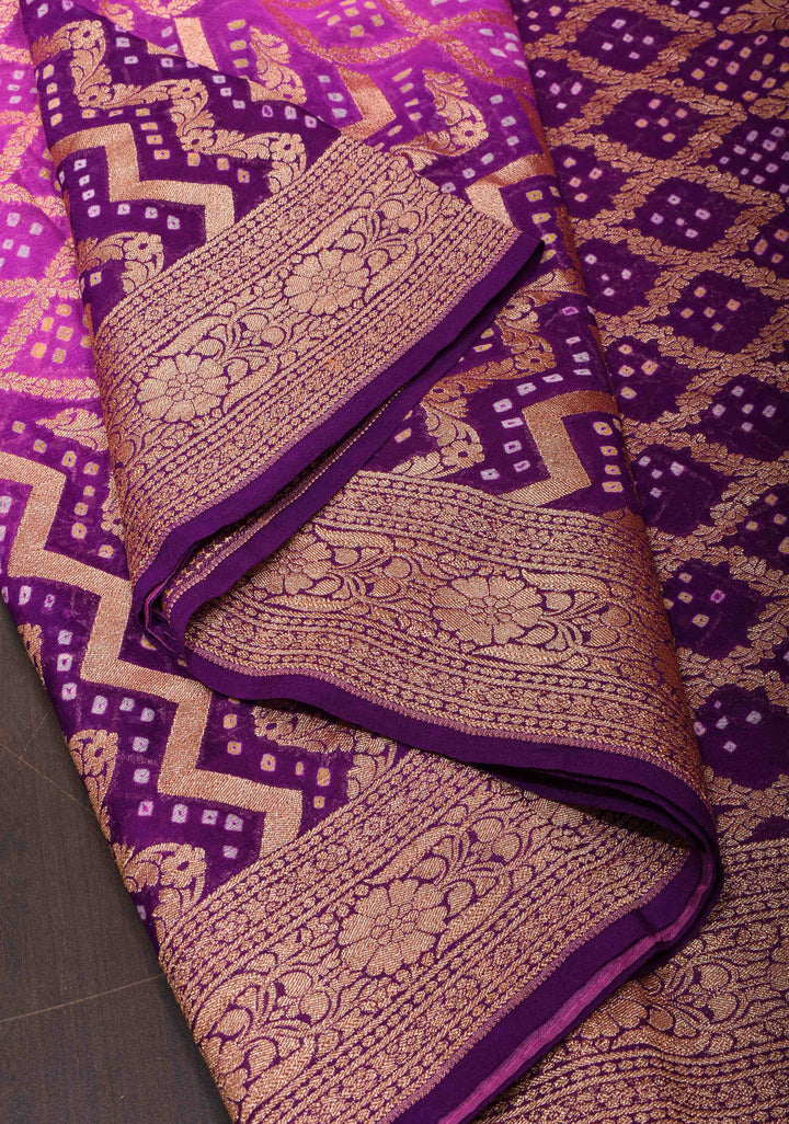 Purple Gelato Ombre Authentic Hand Bandhej Banarasi Silk Georgette Saree in zari jaal pattern| SILK MARKED CERTIFIED