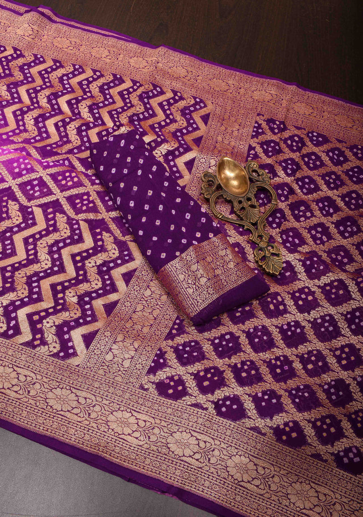 Purple Gelato Ombre Authentic Hand Bandhej Banarasi Silk Georgette Saree in zari jaal pattern| SILK MARKED CERTIFIED