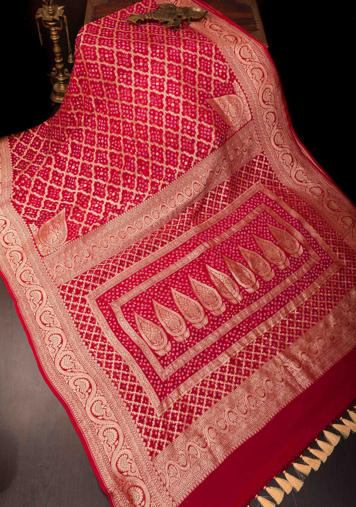 Red Authentic Hand Bandhej Banarasi Silk Georgette Saree with Quatrefoil zari Jaal and Koniya Butis | SILK MARK CERTIFIED