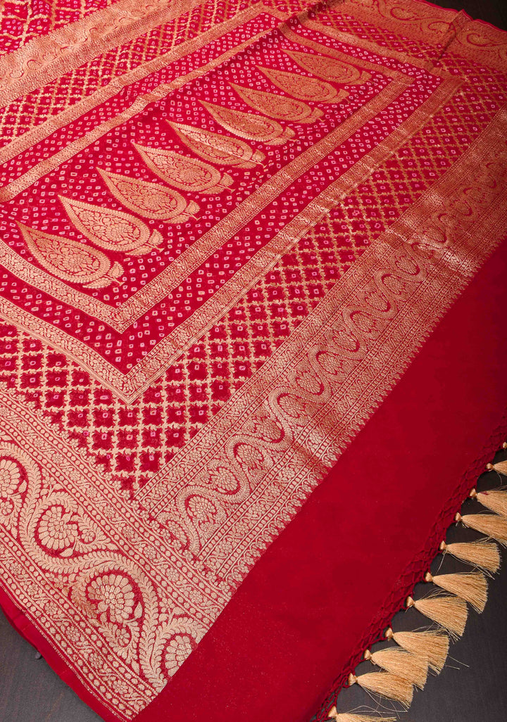 Red Authentic Hand Bandhej Banarasi Silk Georgette Saree with Quatrefoil zari Jaal and Koniya Butis | SILK MARK CERTIFIED