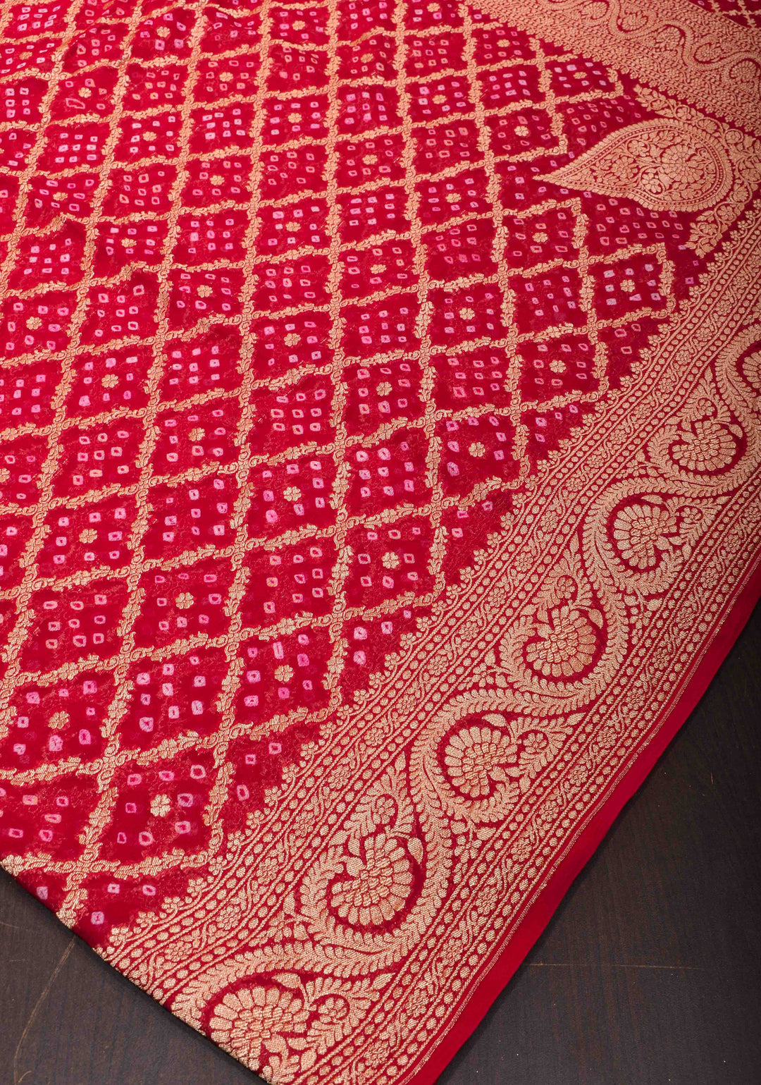 Red Authentic Hand Bandhej Banarasi Silk Georgette Saree with Quatrefoil zari Jaal and Koniya Butis | SILK MARK CERTIFIED