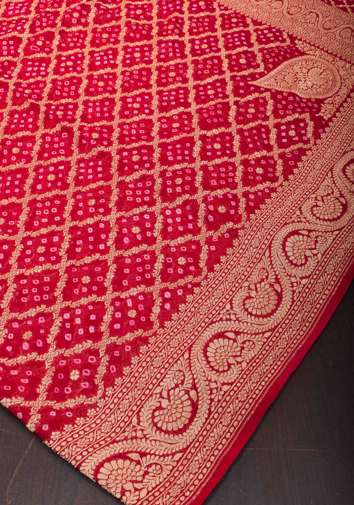 Red Authentic Hand Bandhej Banarasi Silk Georgette Saree with Quatrefoil zari Jaal and Koniya Butis | SILK MARK CERTIFIED