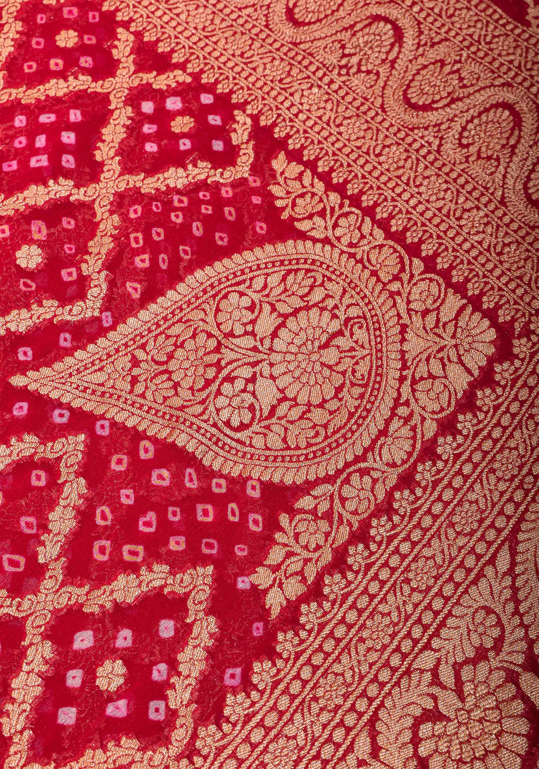 Red Authentic Hand Bandhej Banarasi Silk Georgette Saree with Quatrefoil zari Jaal and Koniya Butis | SILK MARK CERTIFIED