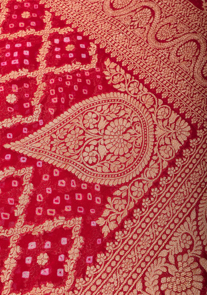Red Authentic Hand Bandhej Banarasi Silk Georgette Saree with Quatrefoil zari Jaal and Koniya Butis | SILK MARK CERTIFIED
