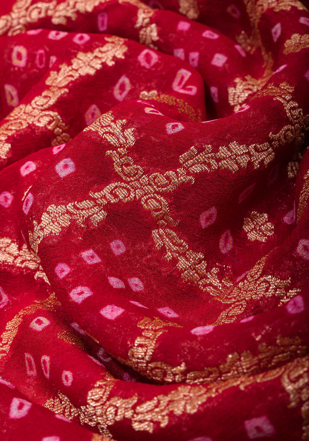 Red Authentic Hand Bandhej Banarasi Silk Georgette Saree with Quatrefoil zari Jaal and Koniya Butis | SILK MARK CERTIFIED