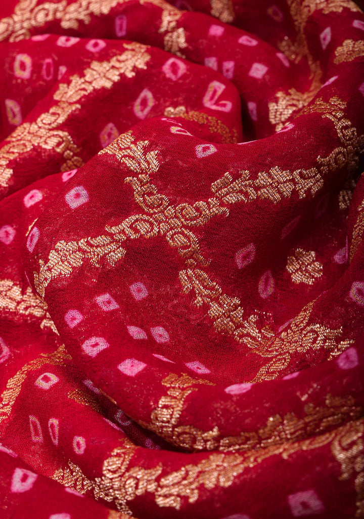 Red Authentic Hand Bandhej Banarasi Silk Georgette Saree with Quatrefoil zari Jaal and Koniya Butis | SILK MARK CERTIFIED