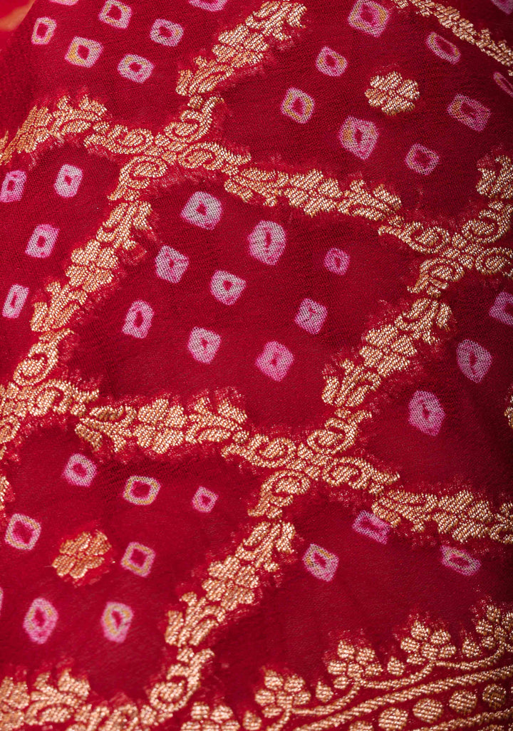 Red Authentic Hand Bandhej Banarasi Silk Georgette Saree with Quatrefoil zari Jaal and Koniya Butis | SILK MARK CERTIFIED