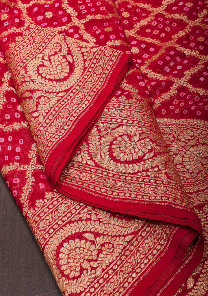 Red Authentic Hand Bandhej Banarasi Silk Georgette Saree with Quatrefoil zari Jaal and Koniya Butis | SILK MARK CERTIFIED