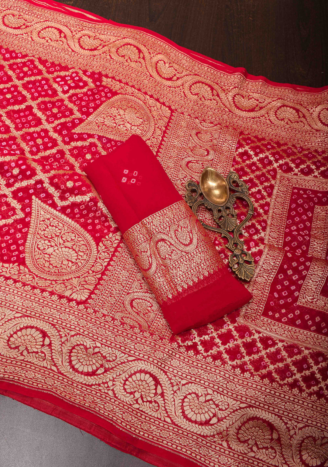 Red Authentic Hand Bandhej Banarasi Silk Georgette Saree with Quatrefoil zari Jaal and Koniya Butis | SILK MARK CERTIFIED