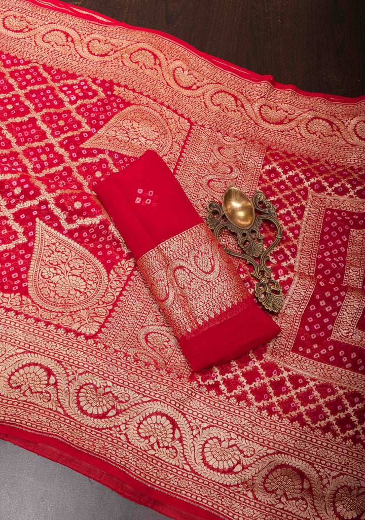Red Authentic Hand Bandhej Banarasi Silk Georgette Saree with Quatrefoil zari Jaal and Koniya Butis | SILK MARK CERTIFIED