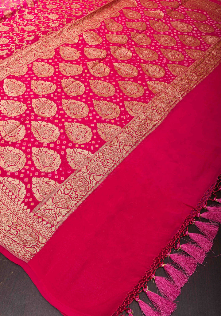 Authentic Hand Bandhej Banarasi Silk Georgette Saree in Pink and Red with Ombre jaal pattern | SILK MARK CERTIFIED