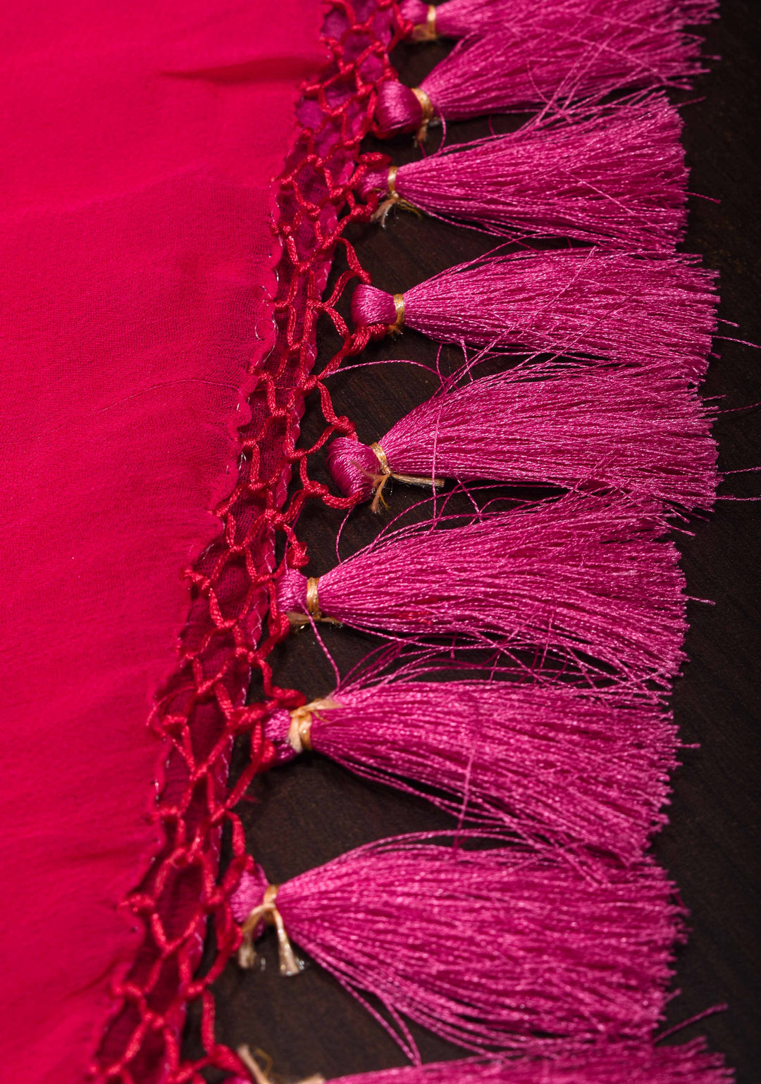 Authentic Hand Bandhej Banarasi Silk Georgette Saree in Pink and Red with Ombre jaal pattern | SILK MARK CERTIFIED