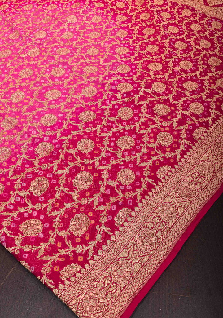 Authentic Hand Bandhej Banarasi Silk Georgette Saree in Pink and Red with Ombre jaal pattern | SILK MARK CERTIFIED