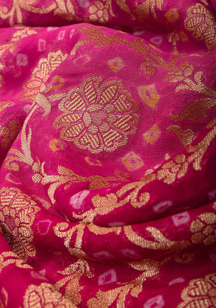 Authentic Hand Bandhej Banarasi Silk Georgette Saree in Pink and Red with Ombre jaal pattern | SILK MARK CERTIFIED