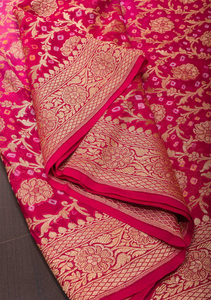 Authentic Hand Bandhej Banarasi Silk Georgette Saree in Pink and Red with Ombre jaal pattern | SILK MARK CERTIFIED