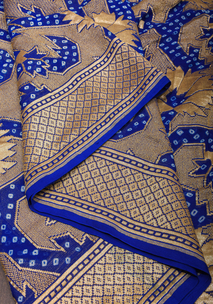 Trendy Abstract Jaal and  Hand bandhej on Pure Banarasi Silk Georgette Saree in Royal Blue | SILK MARK CERTIFIED