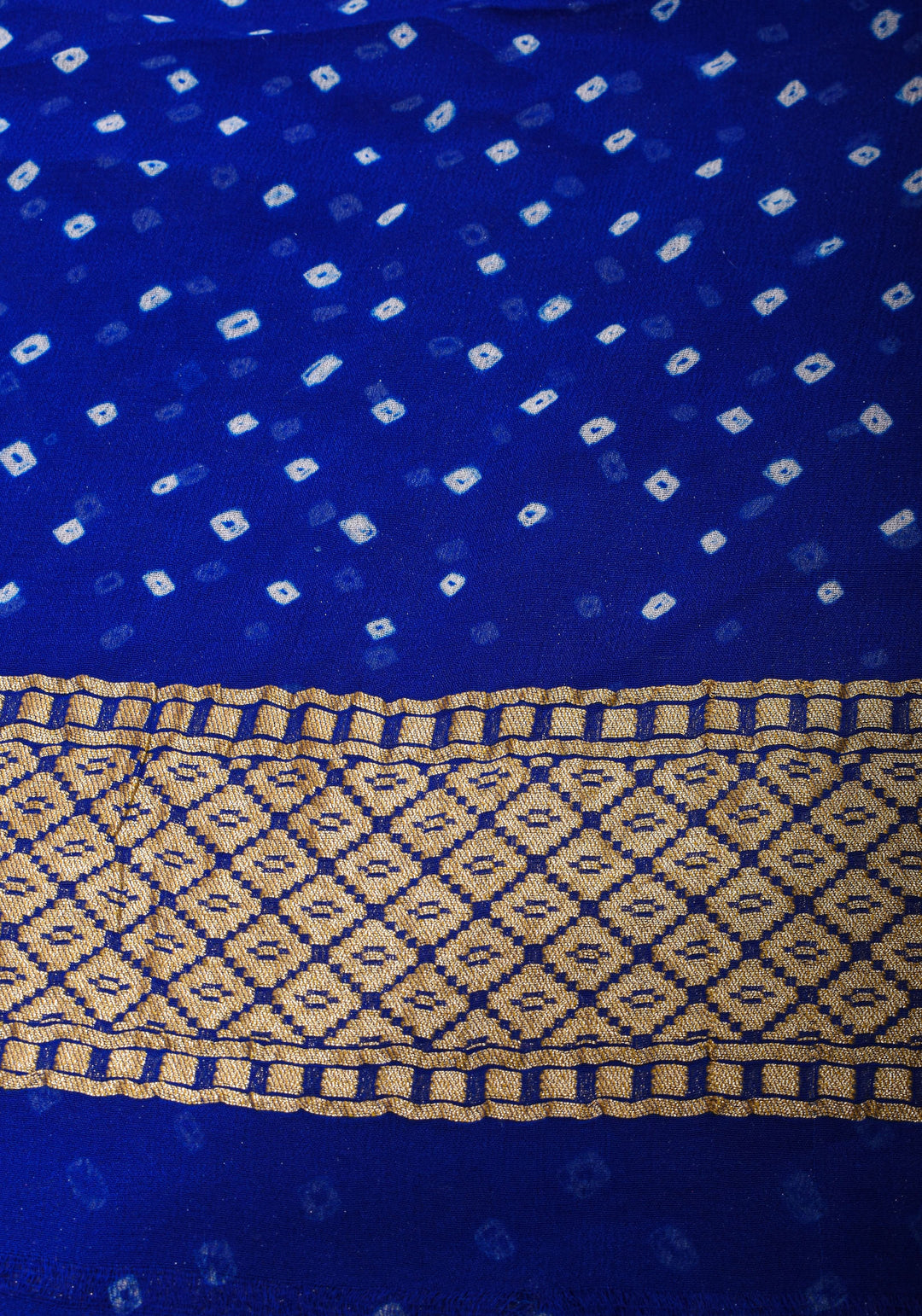 Trendy Abstract Jaal and  Hand bandhej on Pure Banarasi Silk Georgette Saree in Royal Blue | SILK MARK CERTIFIED