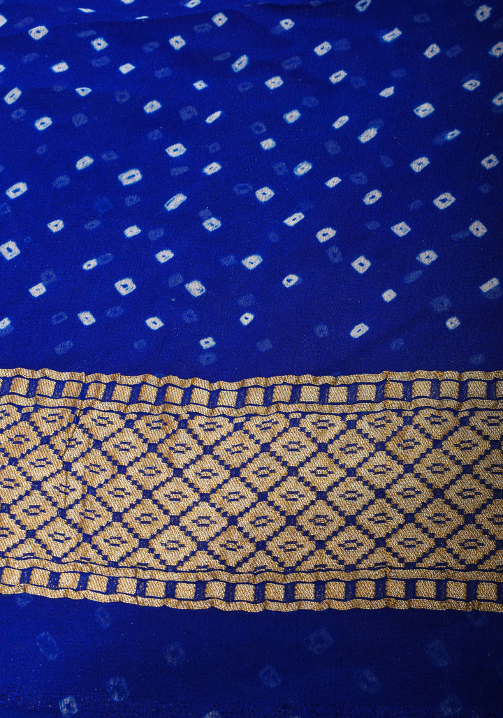 Trendy Abstract Jaal and  Hand bandhej on Pure Banarasi Silk Georgette Saree in Royal Blue | SILK MARK CERTIFIED