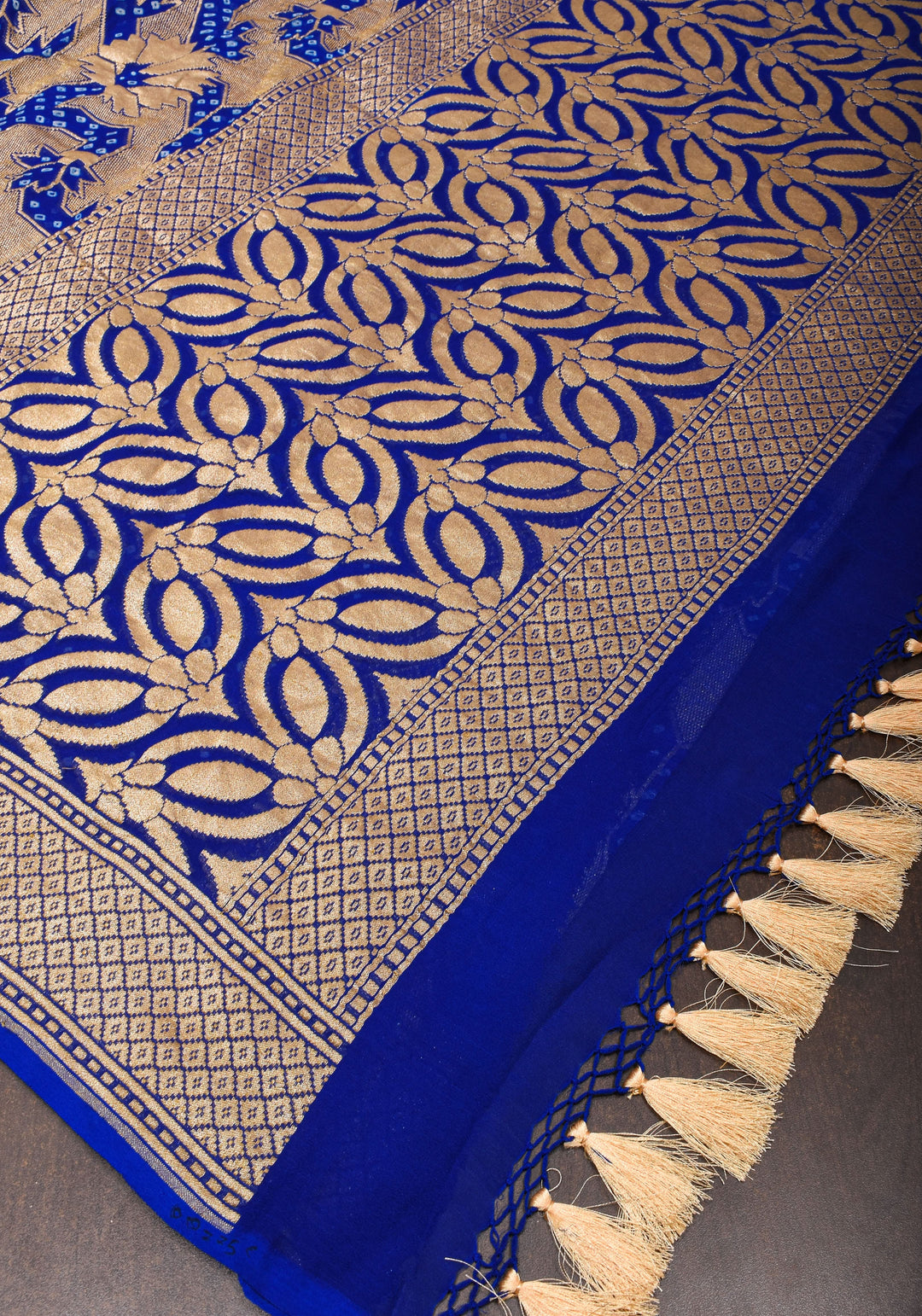 Trendy Abstract Jaal and  Hand bandhej on Pure Banarasi Silk Georgette Saree in Royal Blue | SILK MARK CERTIFIED