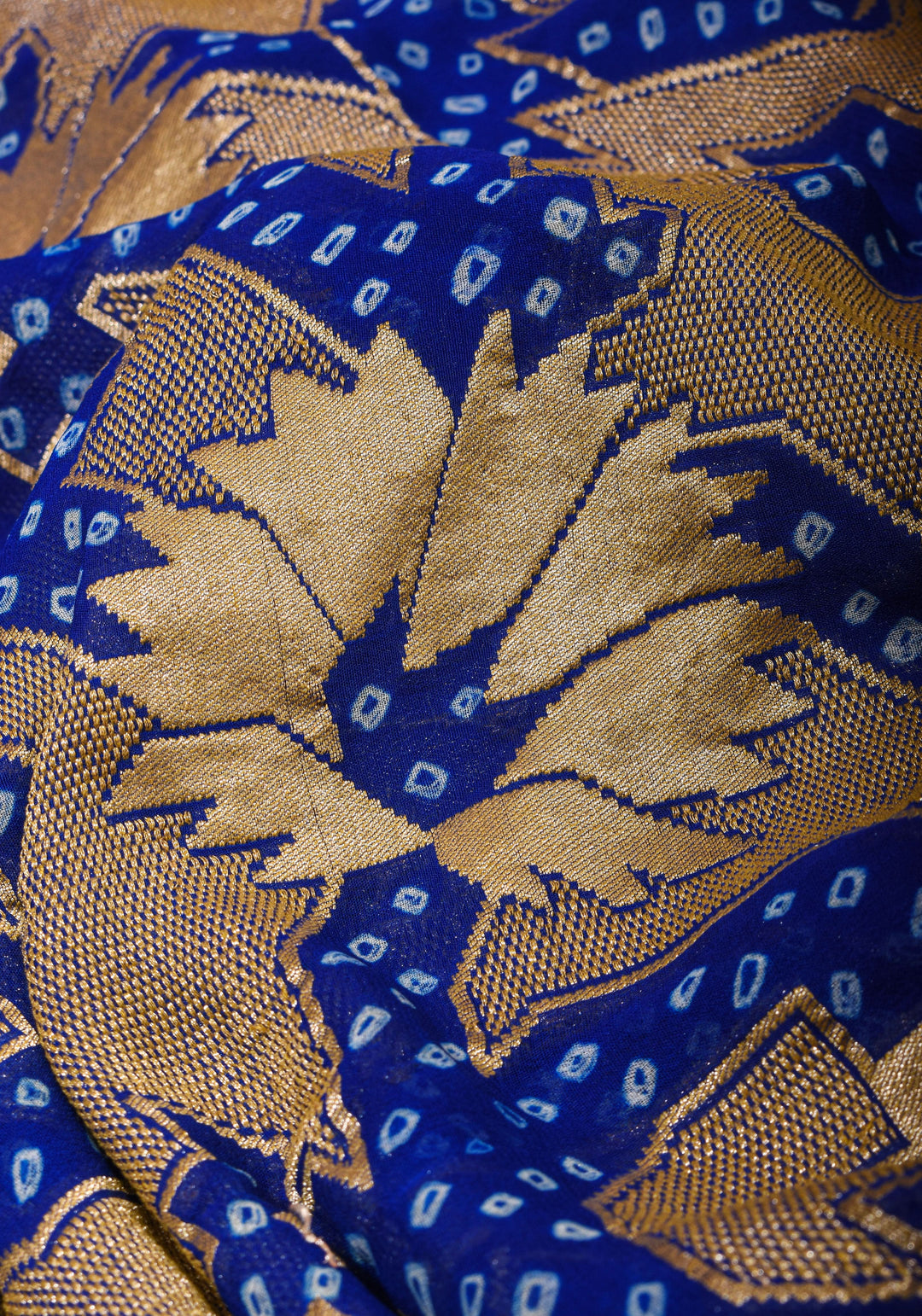 Trendy Abstract Jaal and  Hand bandhej on Pure Banarasi Silk Georgette Saree in Royal Blue | SILK MARK CERTIFIED