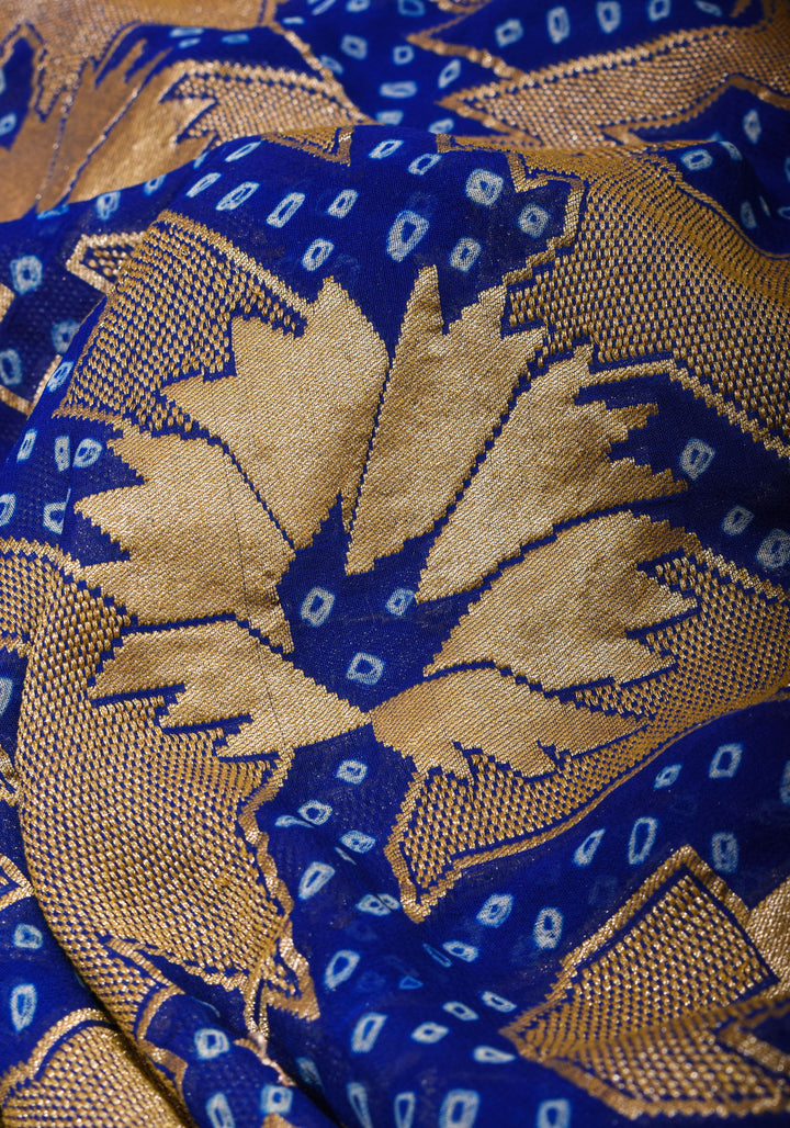 Trendy Abstract Jaal and  Hand bandhej on Pure Banarasi Silk Georgette Saree in Royal Blue | SILK MARK CERTIFIED