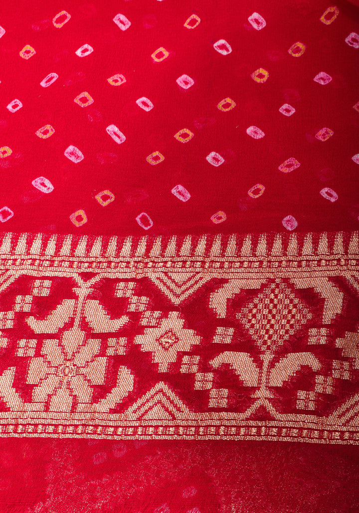 Red Authentic Hand Bandhej Banarasi Silk Georgette Saree| SILK MARK CERTIFIED