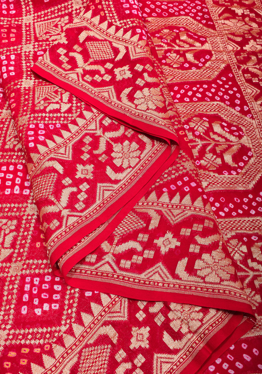 Red Authentic Hand Bandhej Banarasi Silk Georgette Saree| SILK MARK CERTIFIED