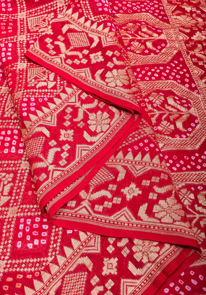 Red Authentic Hand Bandhej Banarasi Silk Georgette Saree| SILK MARK CERTIFIED