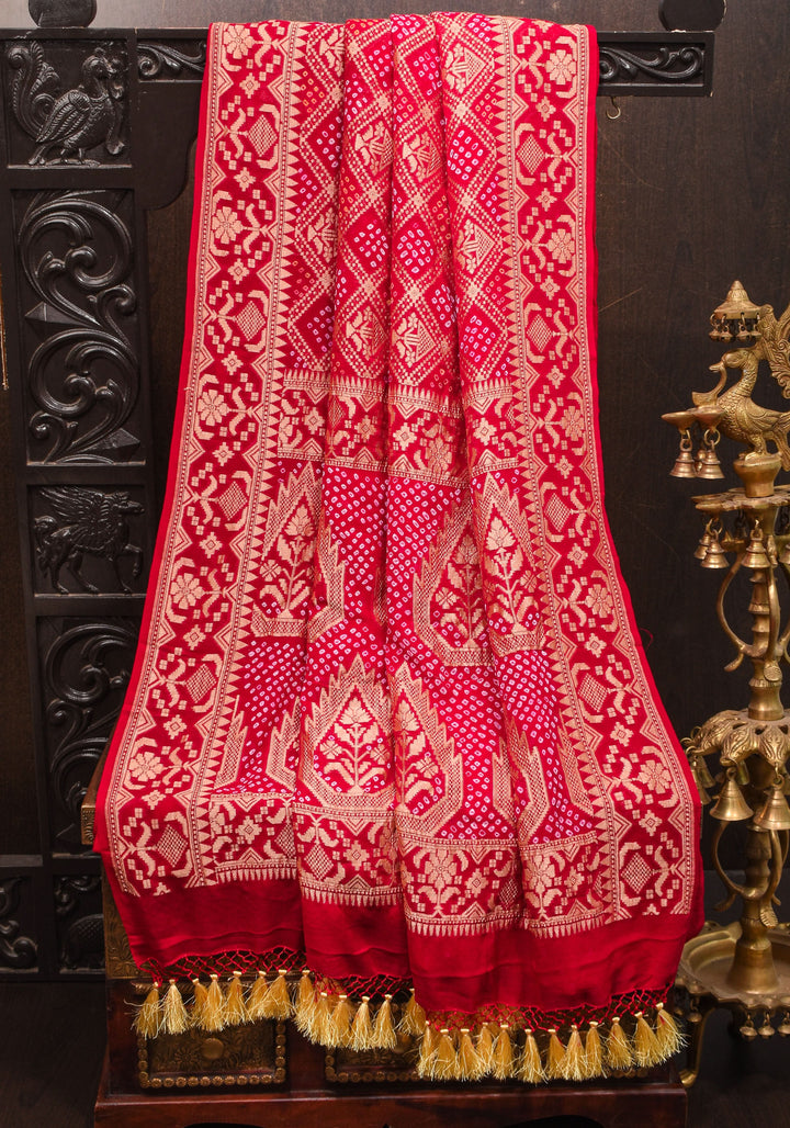 Red Authentic Hand Bandhej Banarasi Silk Georgette Saree| SILK MARK CERTIFIED