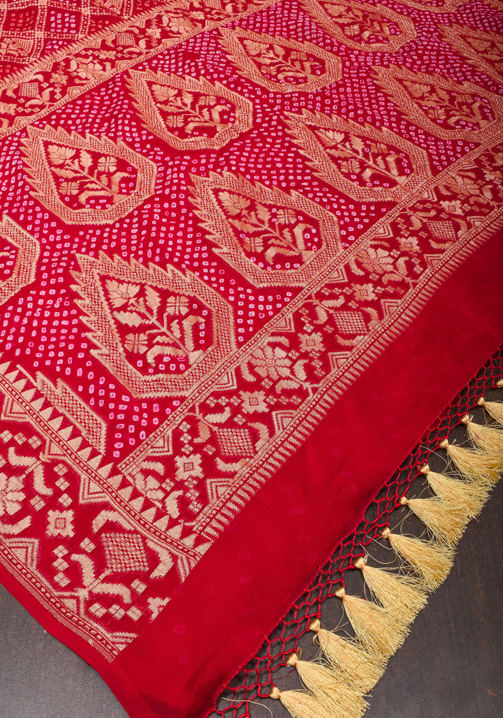 Red Authentic Hand Bandhej Banarasi Silk Georgette Saree| SILK MARK CERTIFIED