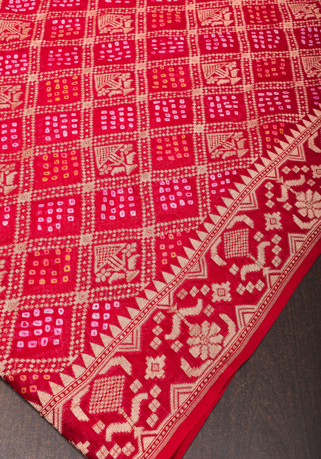 Red Authentic Hand Bandhej Banarasi Silk Georgette Saree| SILK MARK CERTIFIED
