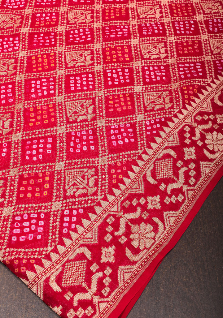 Red Authentic Hand Bandhej Banarasi Silk Georgette Saree| SILK MARK CERTIFIED