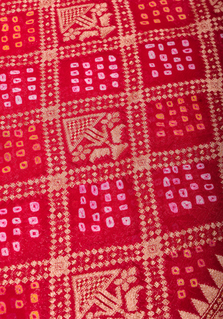 Red Authentic Hand Bandhej Banarasi Silk Georgette Saree| SILK MARK CERTIFIED