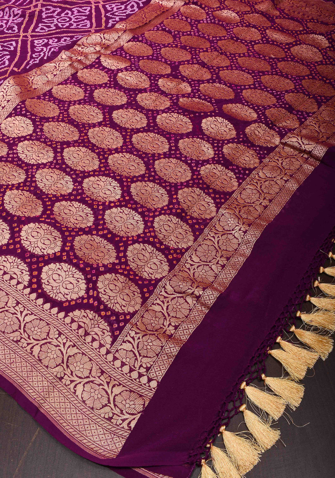 Purple Authentic Sarkam Bandhej Silk Georgette Banarasi Saree with Zari detailing | SILK MARK CERTIFIED