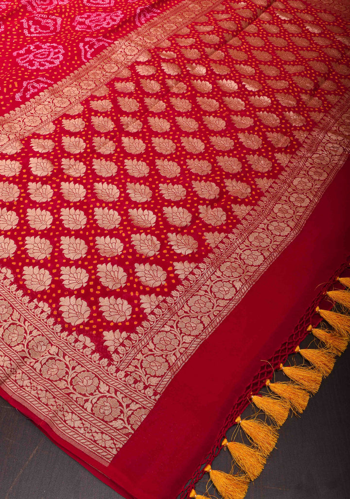 Red Authentic Sarkam Bandhej Silk Georgette Saree with zari Border | SILK MARK CERTIFIED