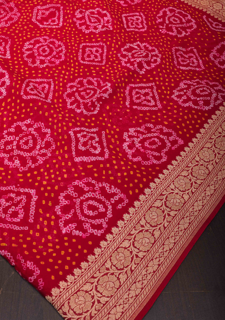 Red Authentic Sarkam Bandhej Silk Georgette Saree with zari Border | SILK MARK CERTIFIED