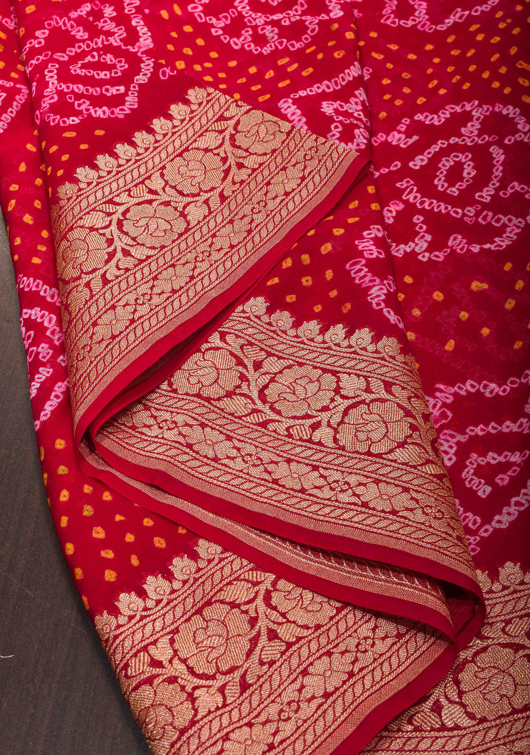 Red Authentic Sarkam Bandhej Silk Georgette Saree with zari Border | SILK MARK CERTIFIED