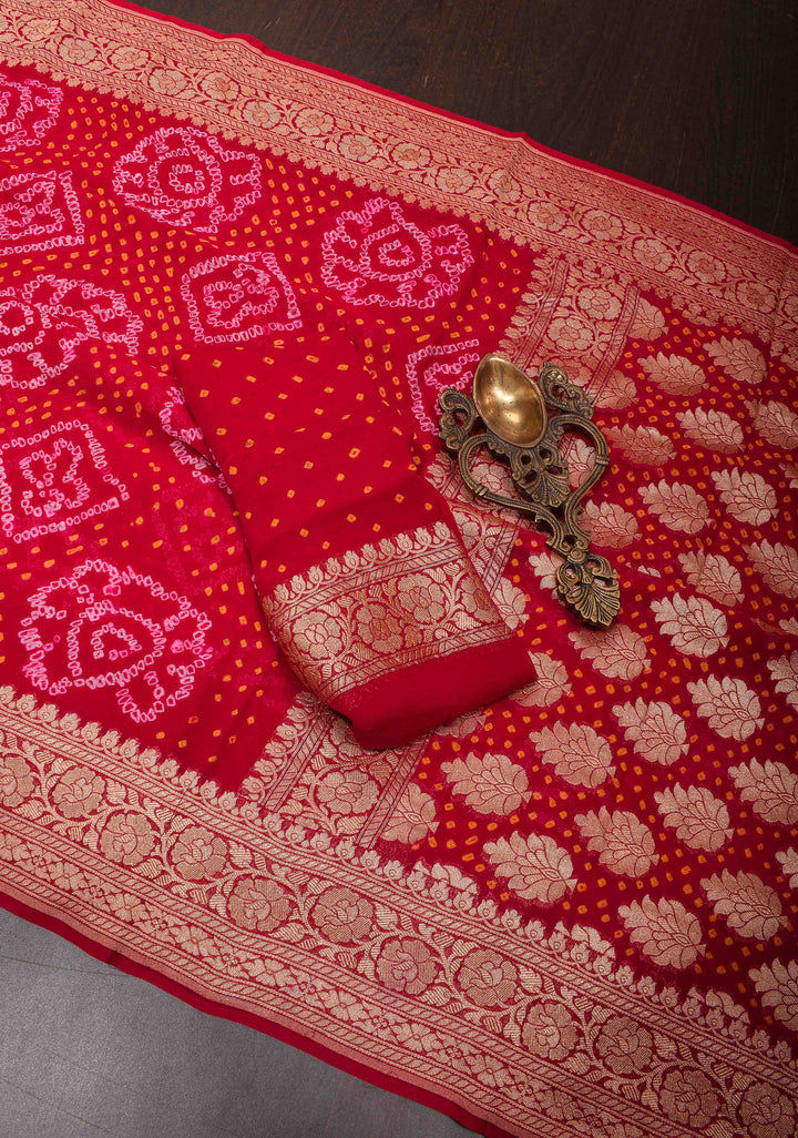 Red Authentic Sarkam Bandhej Silk Georgette Saree with zari Border | SILK MARK CERTIFIED
